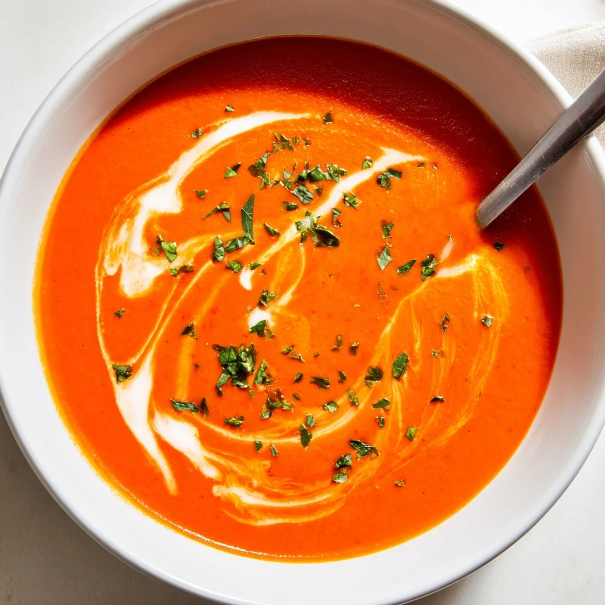 Smooth velvety orange soup garnished with shredded cheese and crusty bread on rustic table