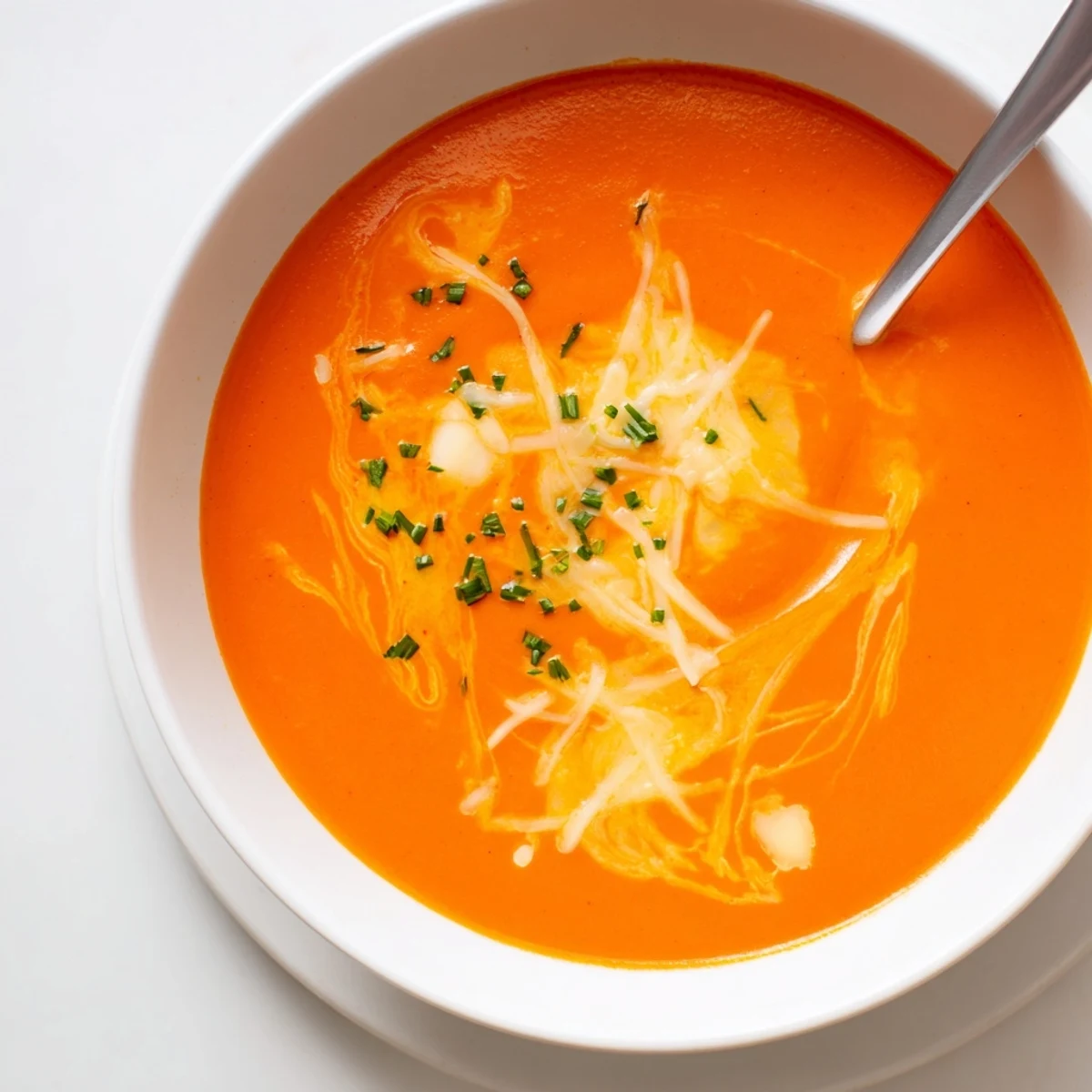Steamy bowl of rich roasted red pepper and melted Gouda soup with green herb garnish