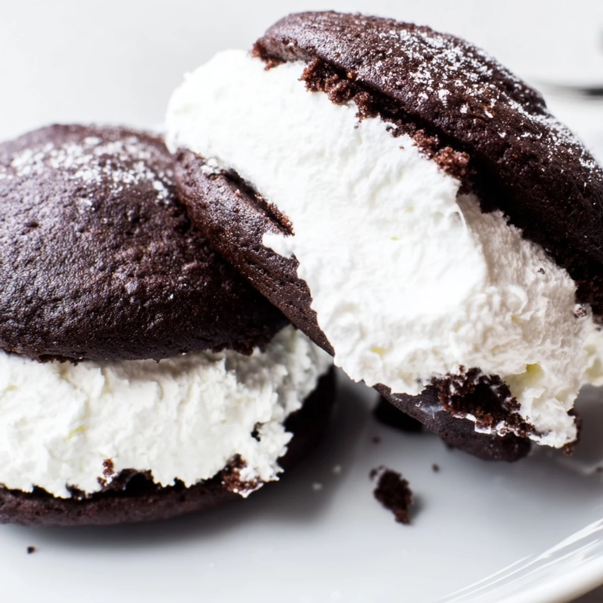 Handheld chocolate whoopie pies sandwiched with sweet marshmallow filling against a rustic wood background