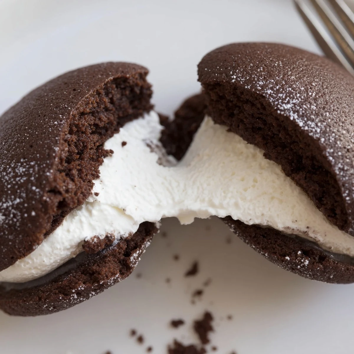 Freshly baked chocolate whoopie pies with creamy marshmallow center stacked on a wire cooling rack