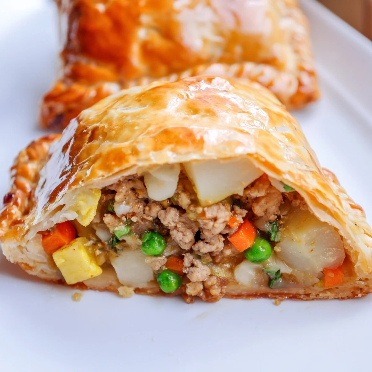 Flaky baked empanadas featuring spiced ground pork, raisins, and chopped hard-boiled eggs
