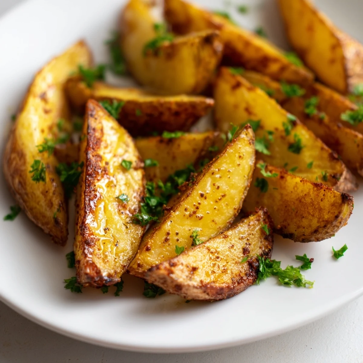 Golden crispy air fryer potato wedges seasoned with garlic and paprika on a white serving plate
