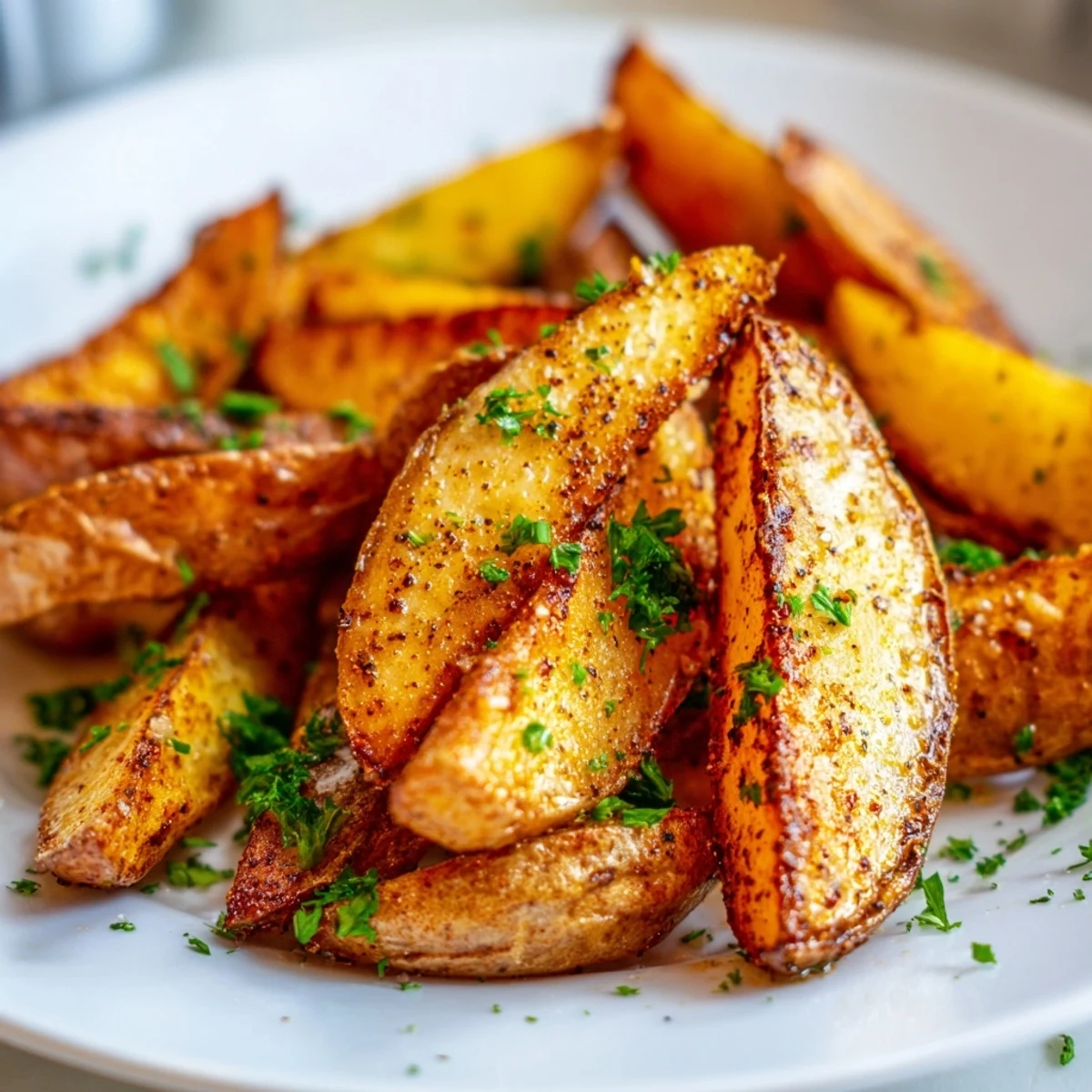 Fluffy potato wedges air fried to perfection with a crispy golden exterior and light dusting of spices