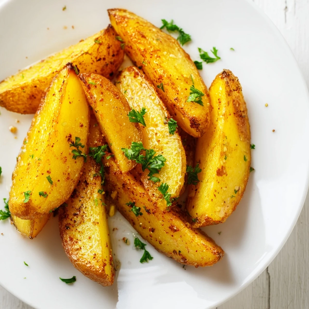 Heap of seasoned air fryer potato wedges garnished with fresh parsley alongside a small dipping sauce bowl