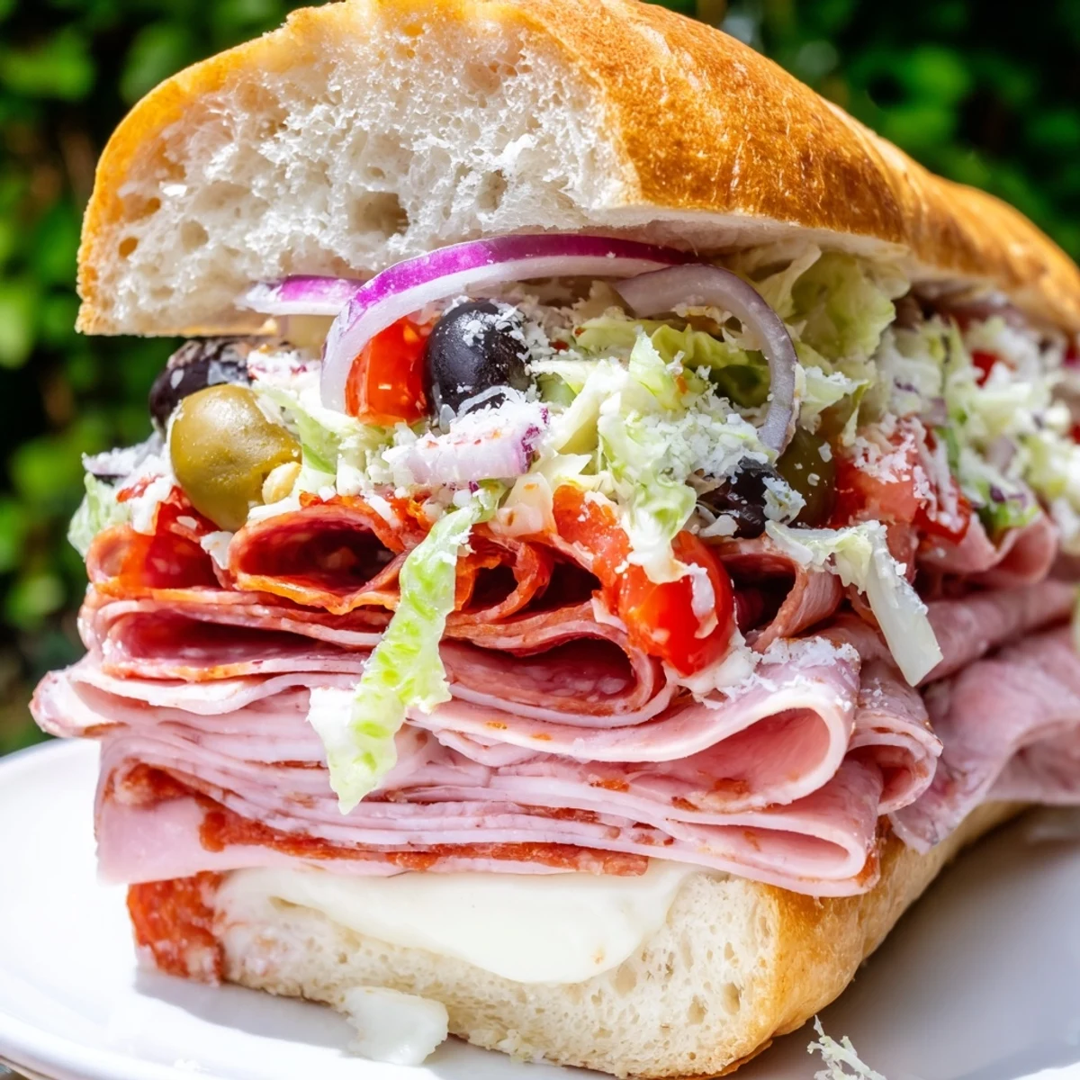 Golden Italian grinder salad sandwich with melted provolone and mozzarella on crusty hoagie roll