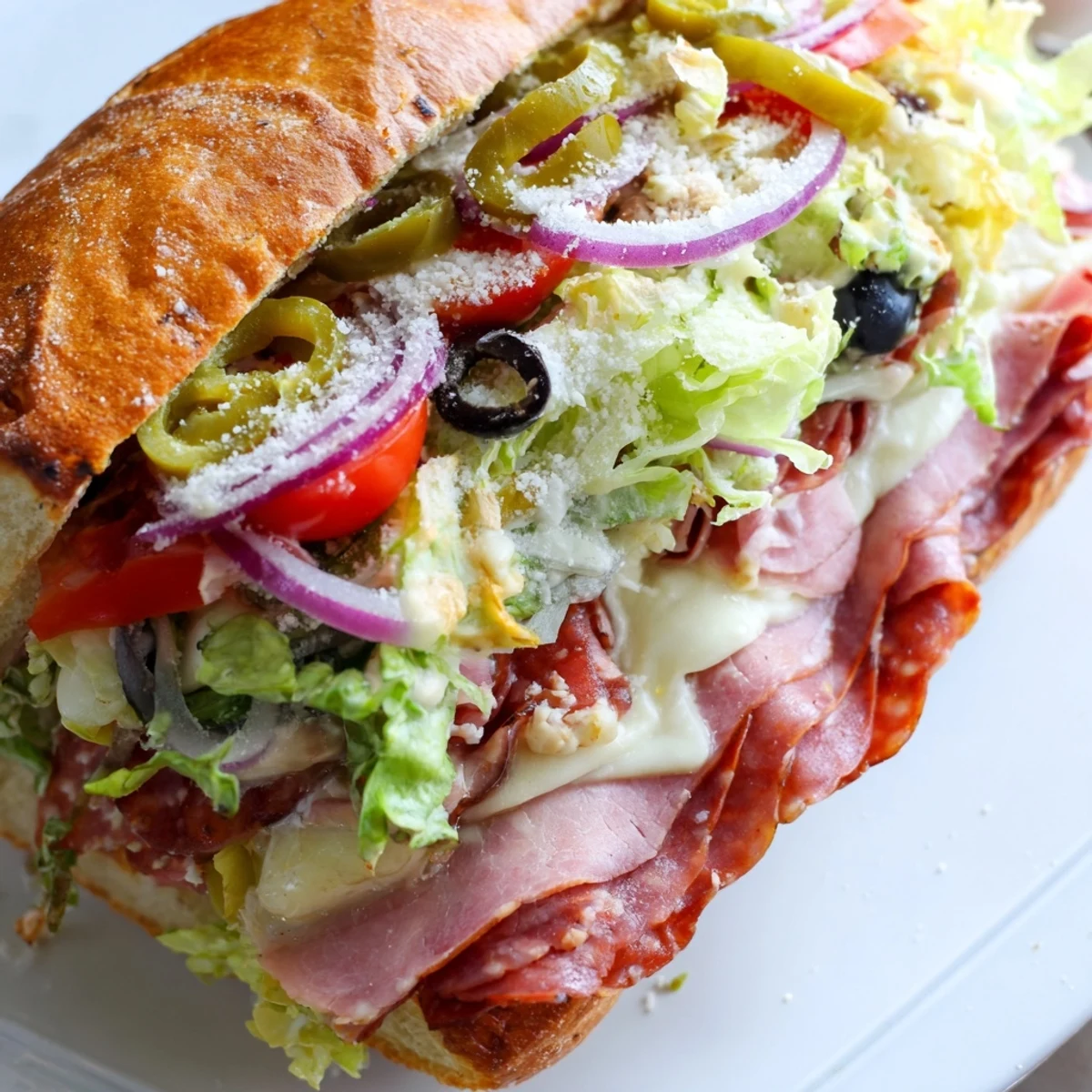 Hearty Italian grinder sandwich piled high with tangy salad, cured meats, and melted cheese layers