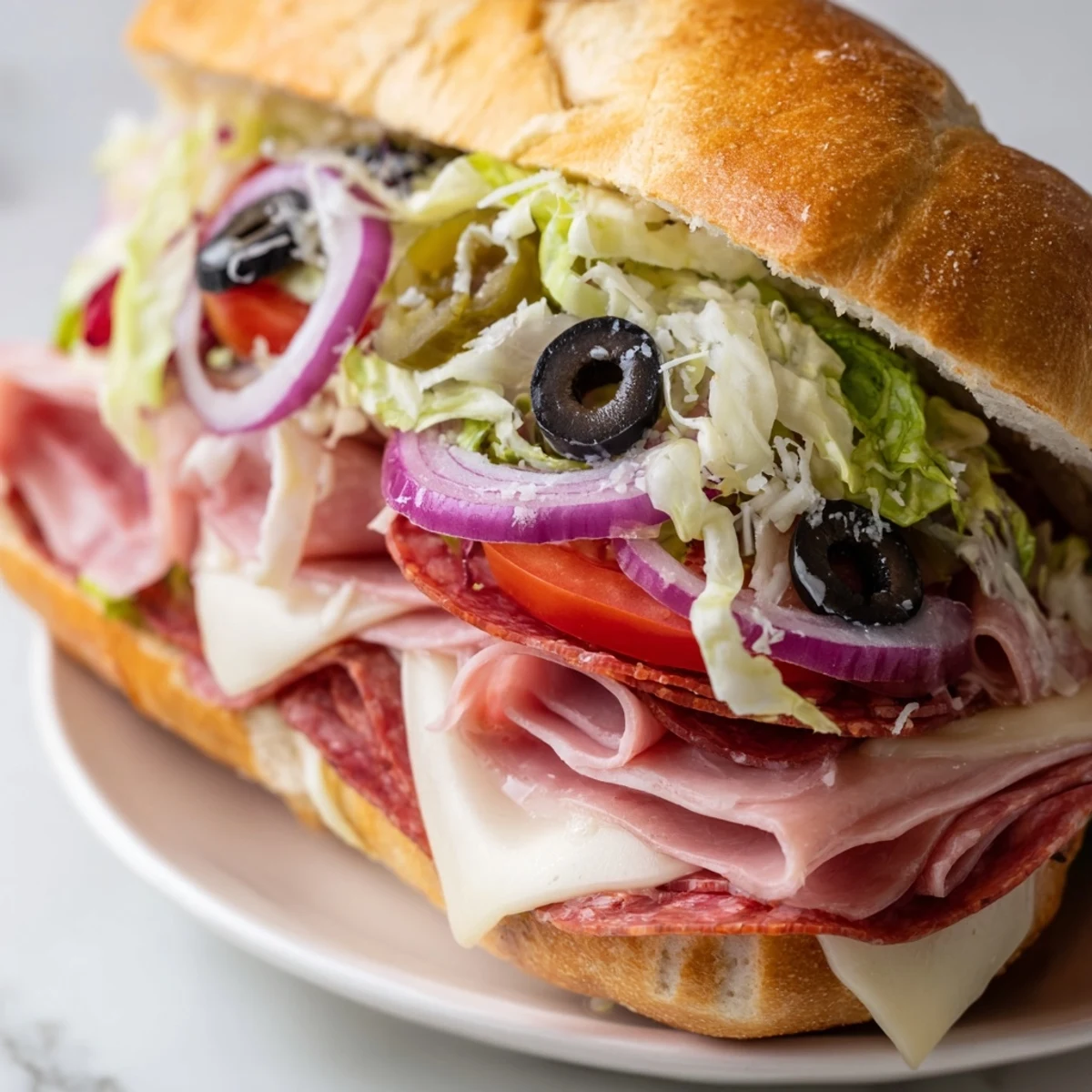 Sliced Italian grinder salad sandwich showing colorful lettuce, pepperoncini, and deli meats on toasted roll