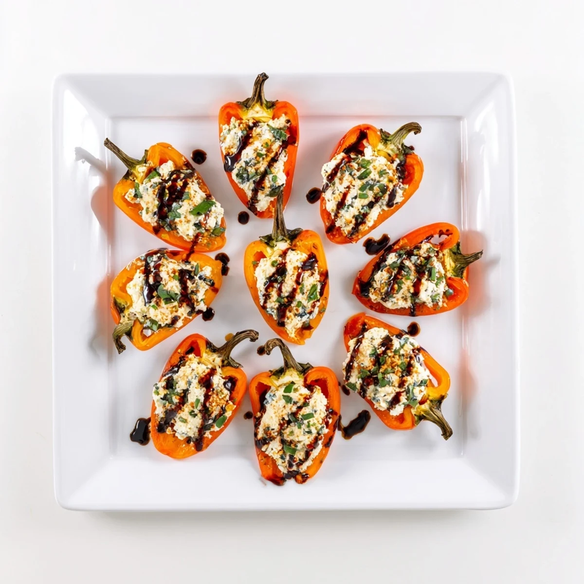 Golden roasted mini peppers stuffed with creamy herbed goat cheese appetizer on a white serving platter