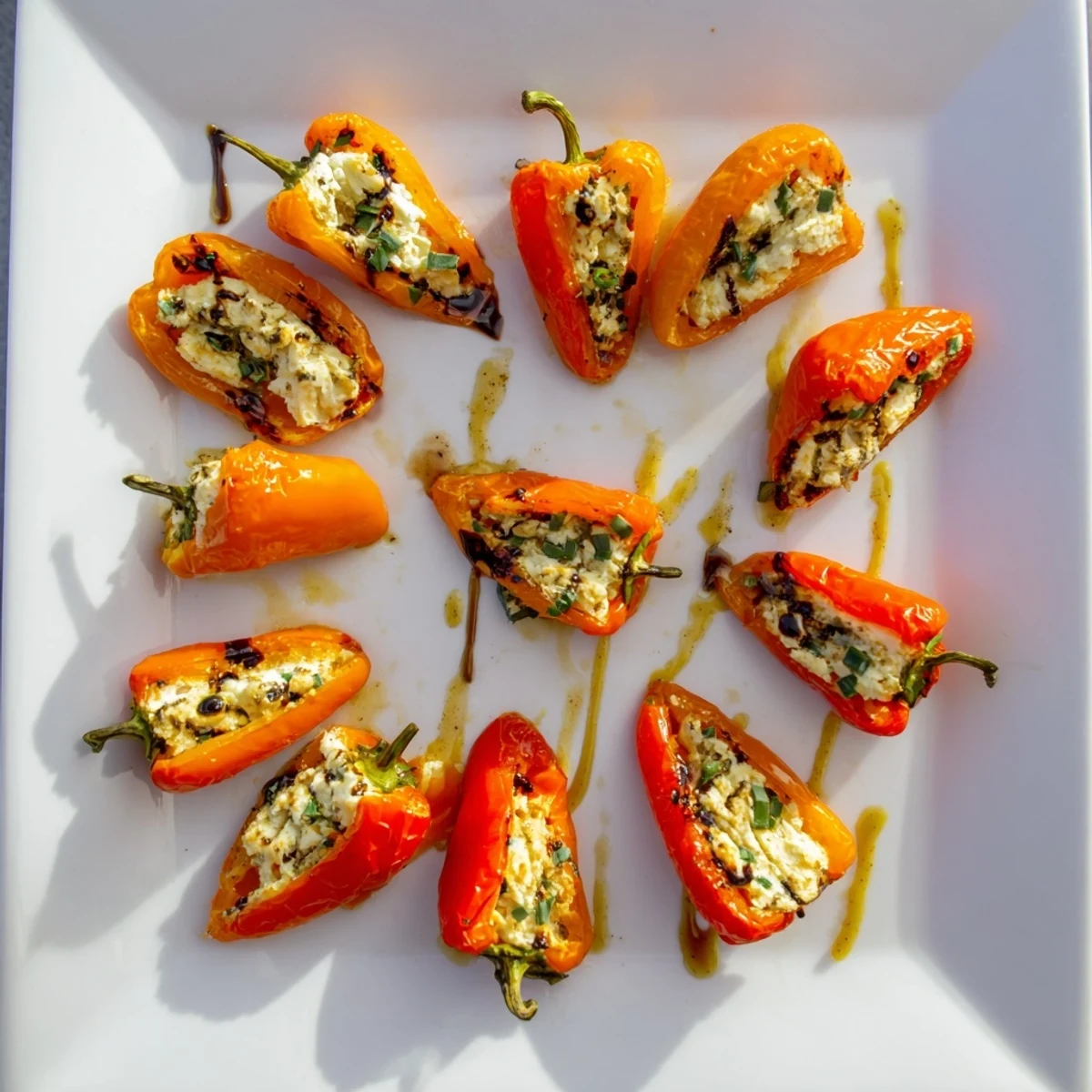 Colorful sweet pepper halves filled with tangy goat cheese mixture, garnished with fresh green herbs