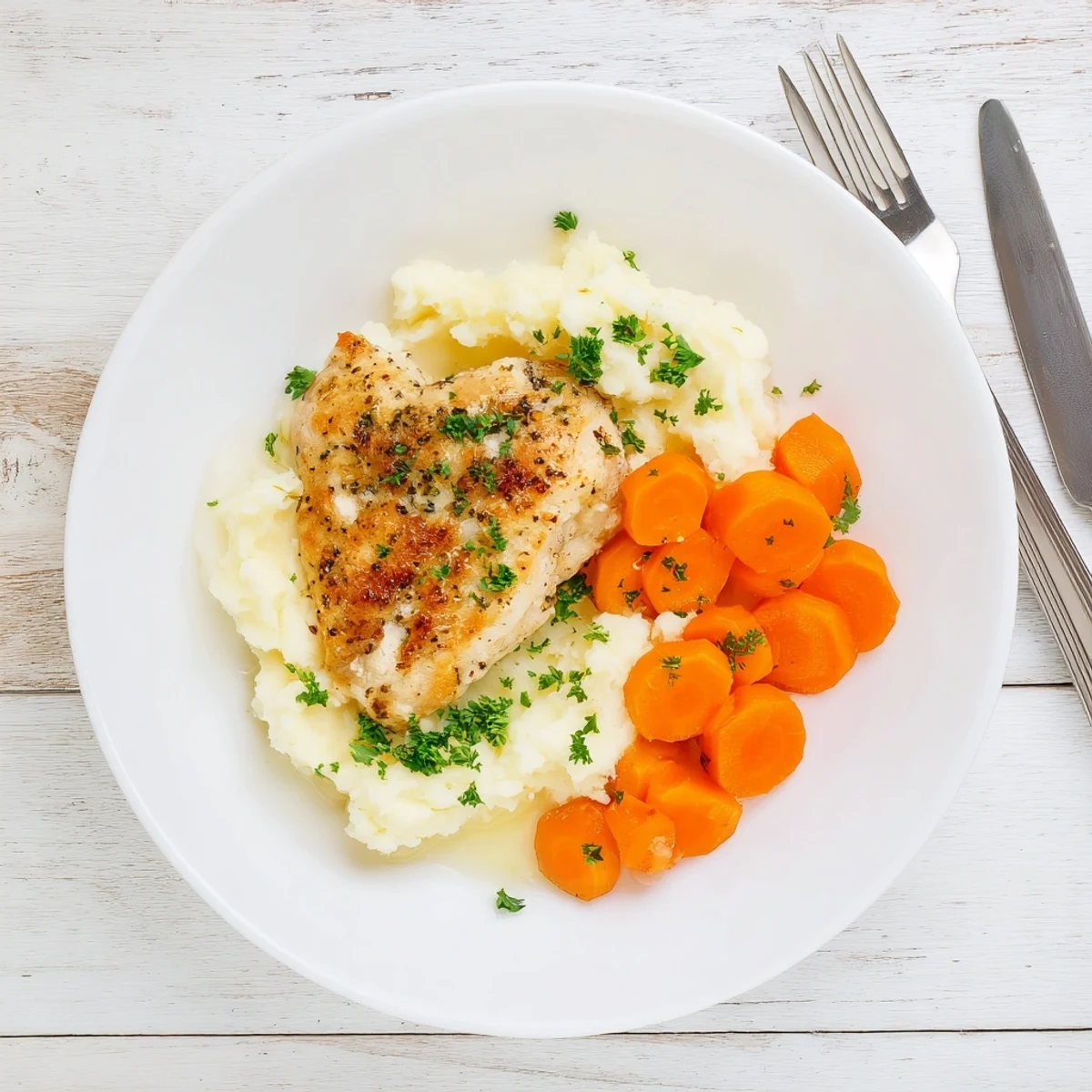 Tender roasted chicken seasoned with garlic and herbs served beside buttery mashed potatoes and sweet carrots
