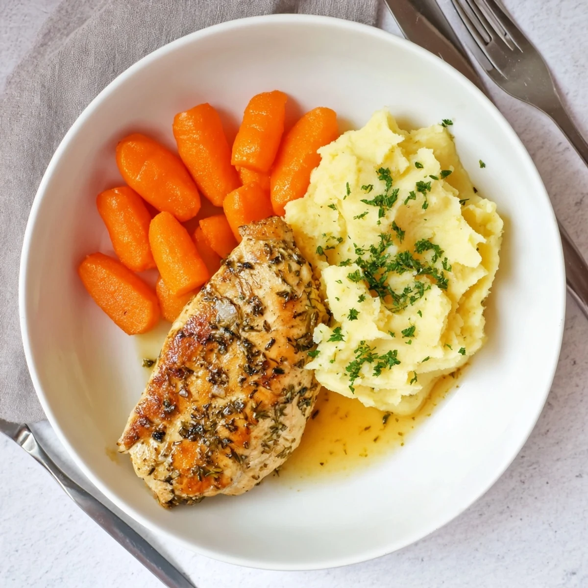 Golden brown garlic herb chicken breast resting on creamy mashed potatoes with honey glazed carrots