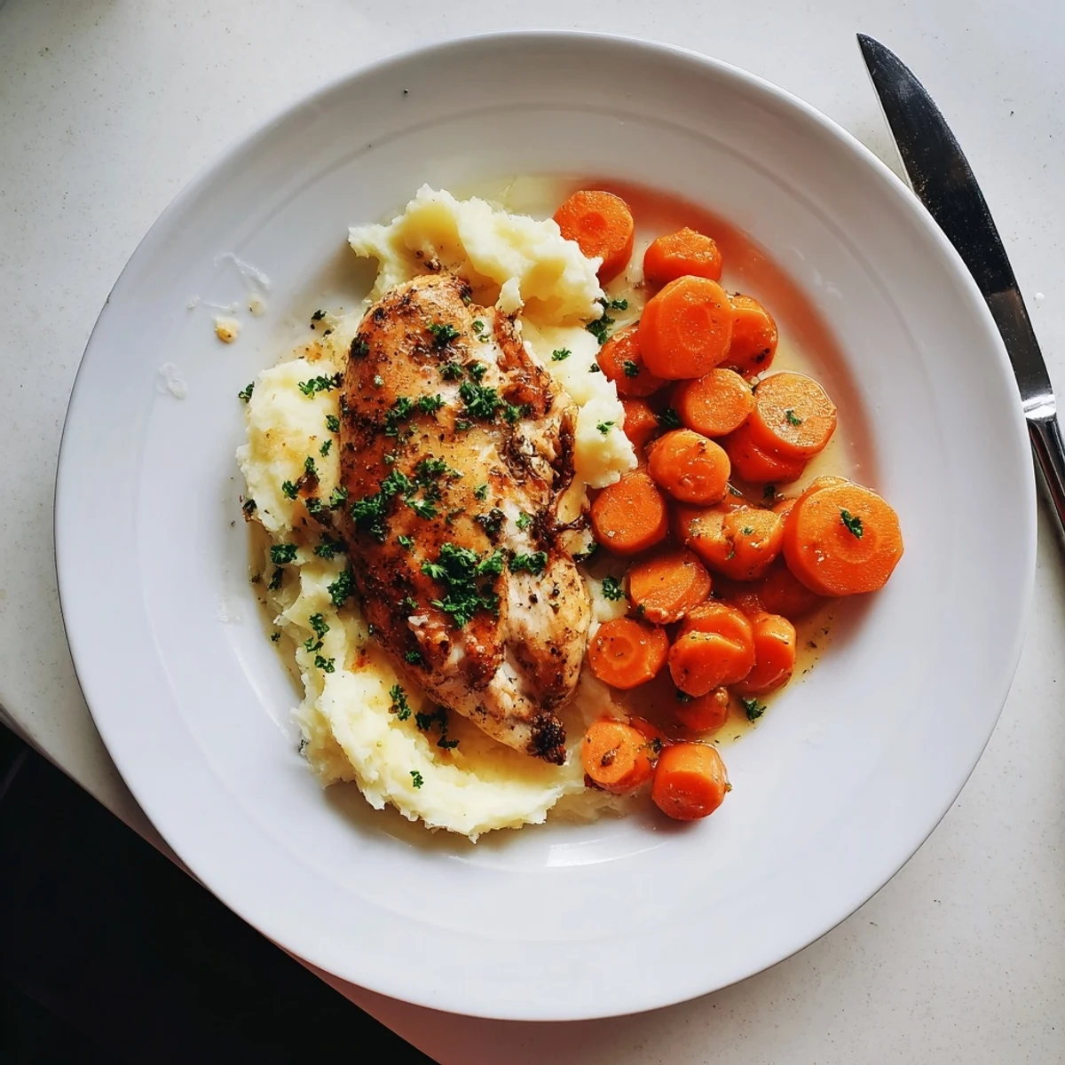 Juicy marinated chicken with aromatic herbs plated over velvety potatoes and shiny honey glazed carrot rounds