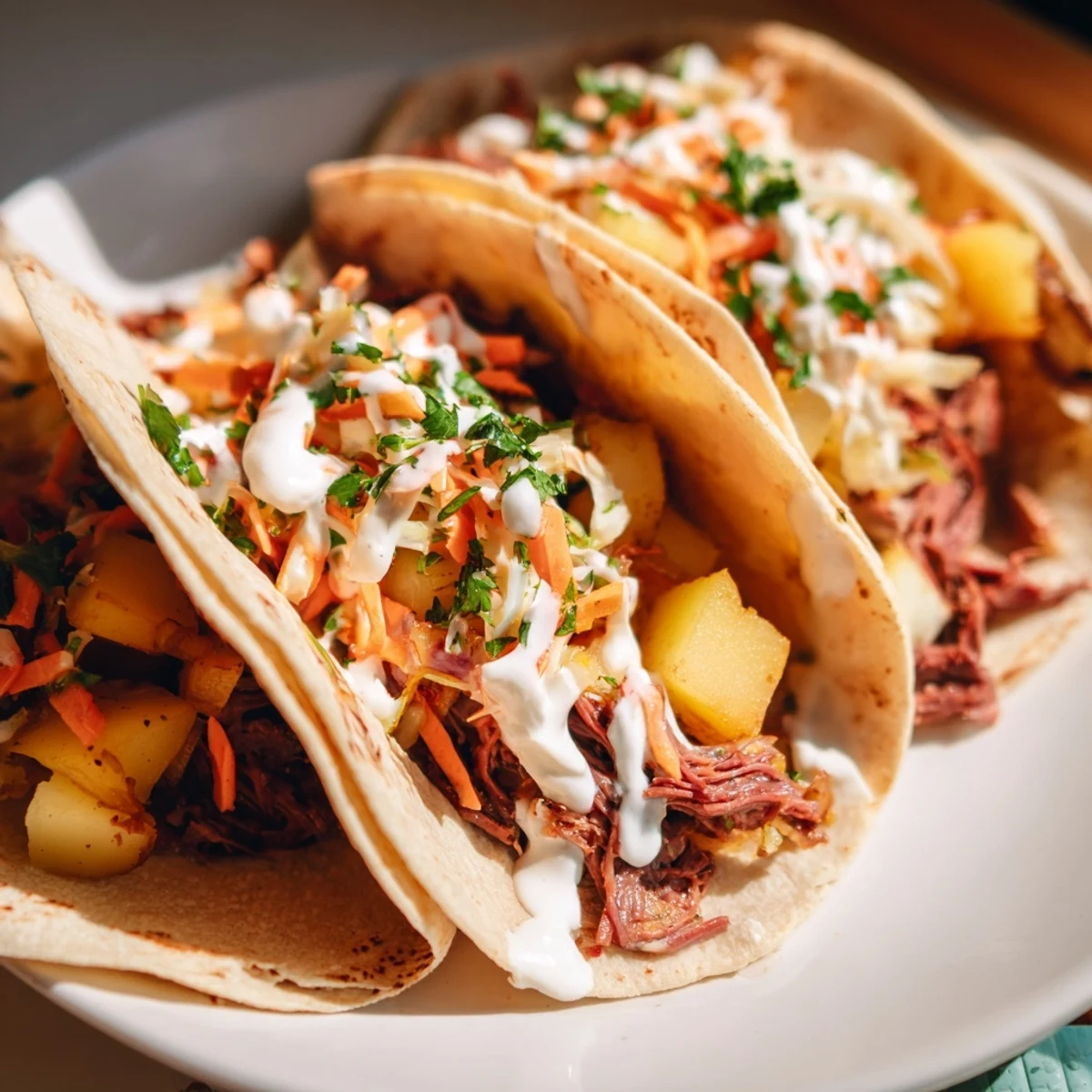 Golden corned beef and crispy potato tacos topped with colorful cabbage slaw and sour cream