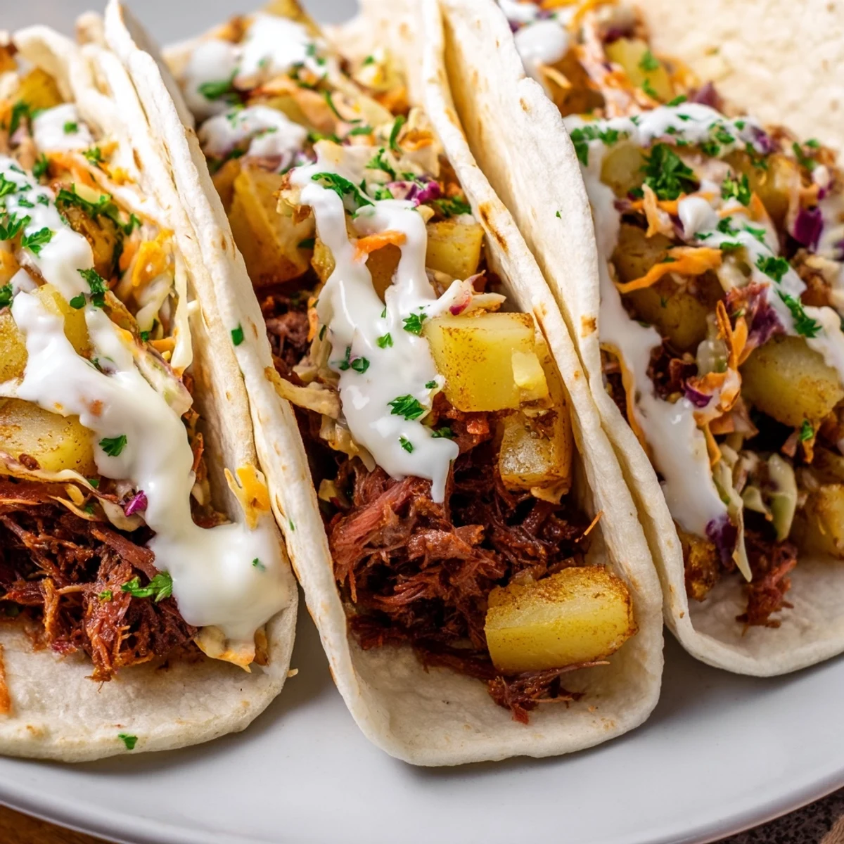 Delicious Irish Tacos featuring shredded corned beef, golden fried potatoes, and creamy cabbage slaw