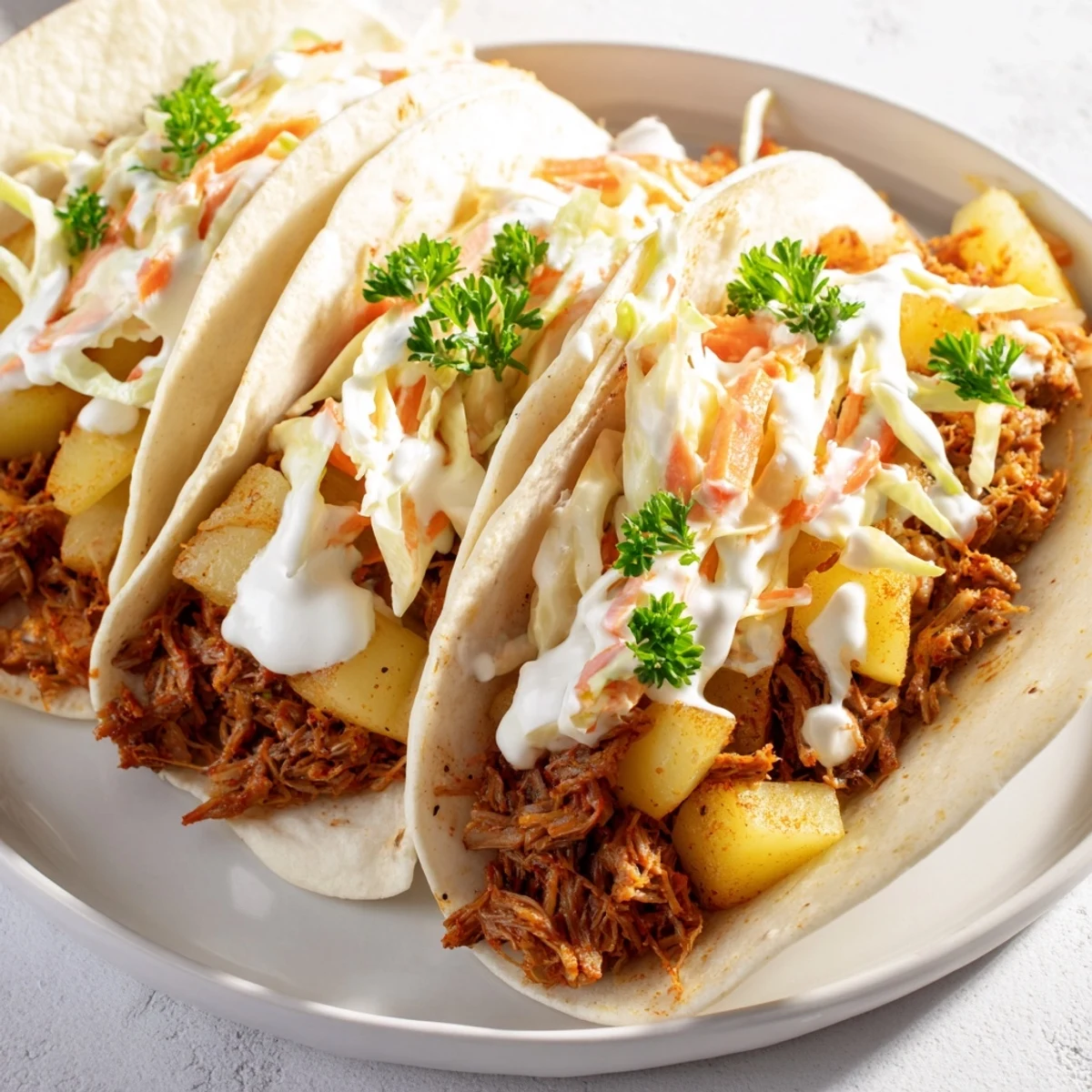 Warm flour tortillas filled with tender Irish corned beef, potatoes, and fresh crunchy vegetable slaw