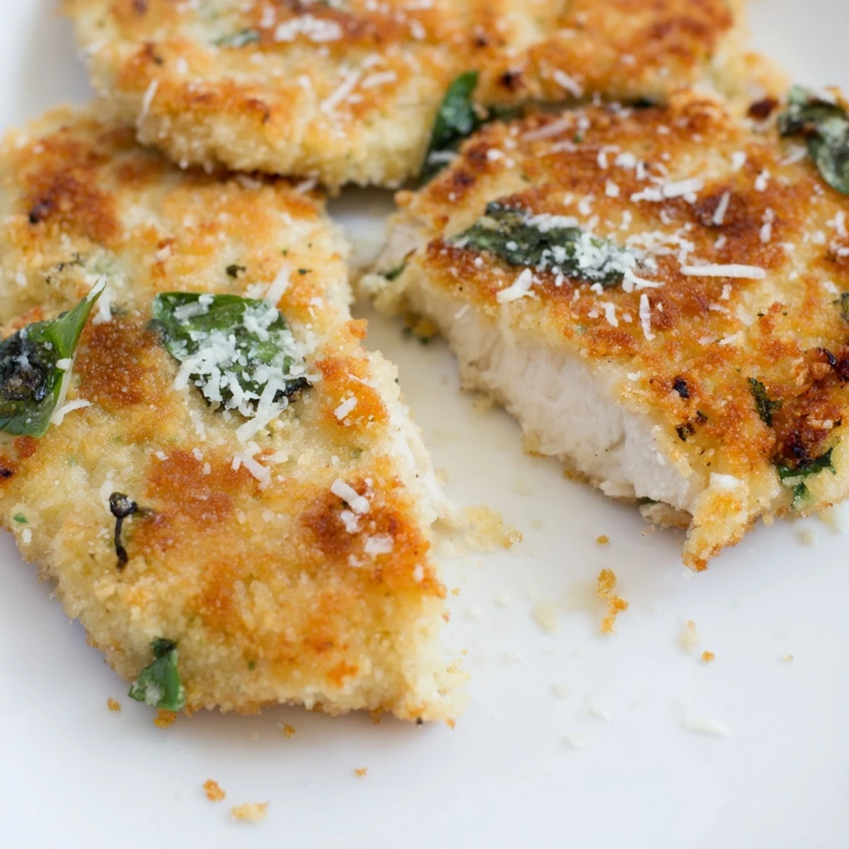 Golden brown Parmesan basil chicken cutlets served on a white plate with fresh basil garnish