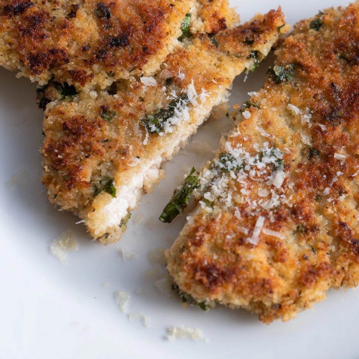 Crispy Italian chicken cutlets with Parmesan and basil coating, freshly fried in a skillet