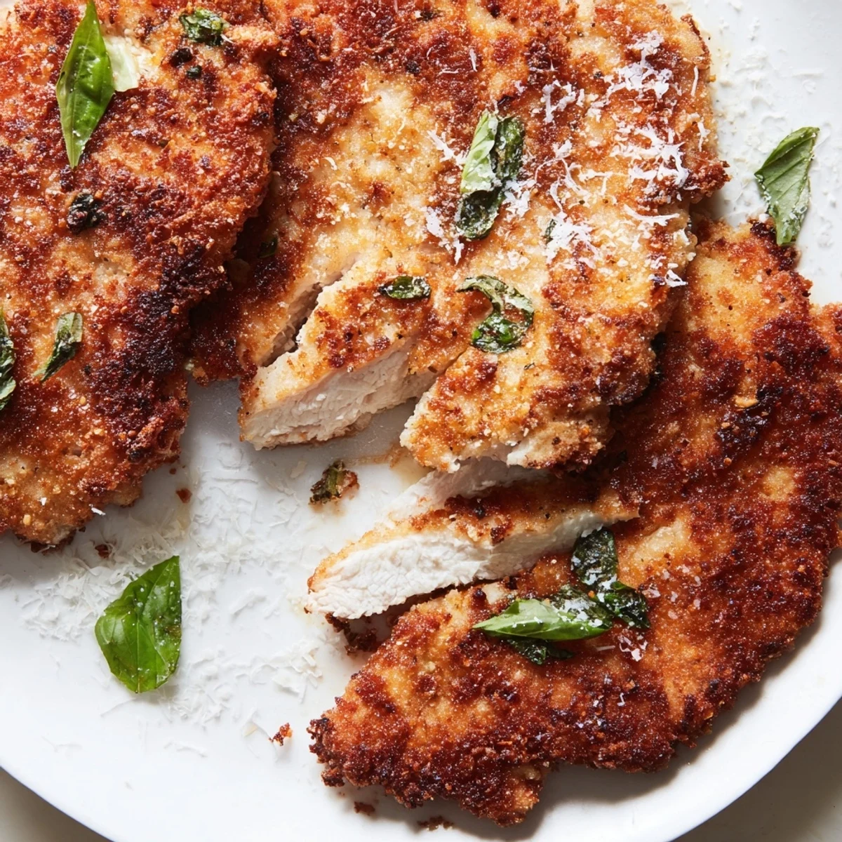Pan-fried chicken cutlets with crunchy Parmesan basil breading, garnished with lemon wedges and basil