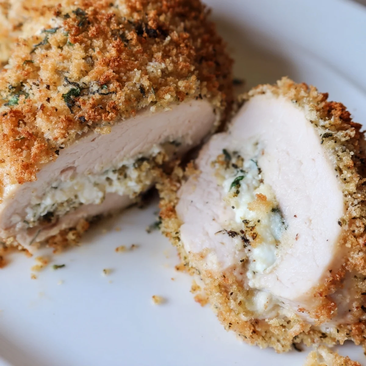 Golden brown herbed ricotta stuffed chicken rolls with crispy breadcrumb topping baked to perfection
