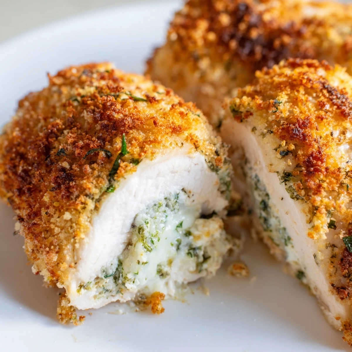 Savory Italian chicken rolls sliced to reveal fluffy herbed ricotta filling surrounded by golden crust