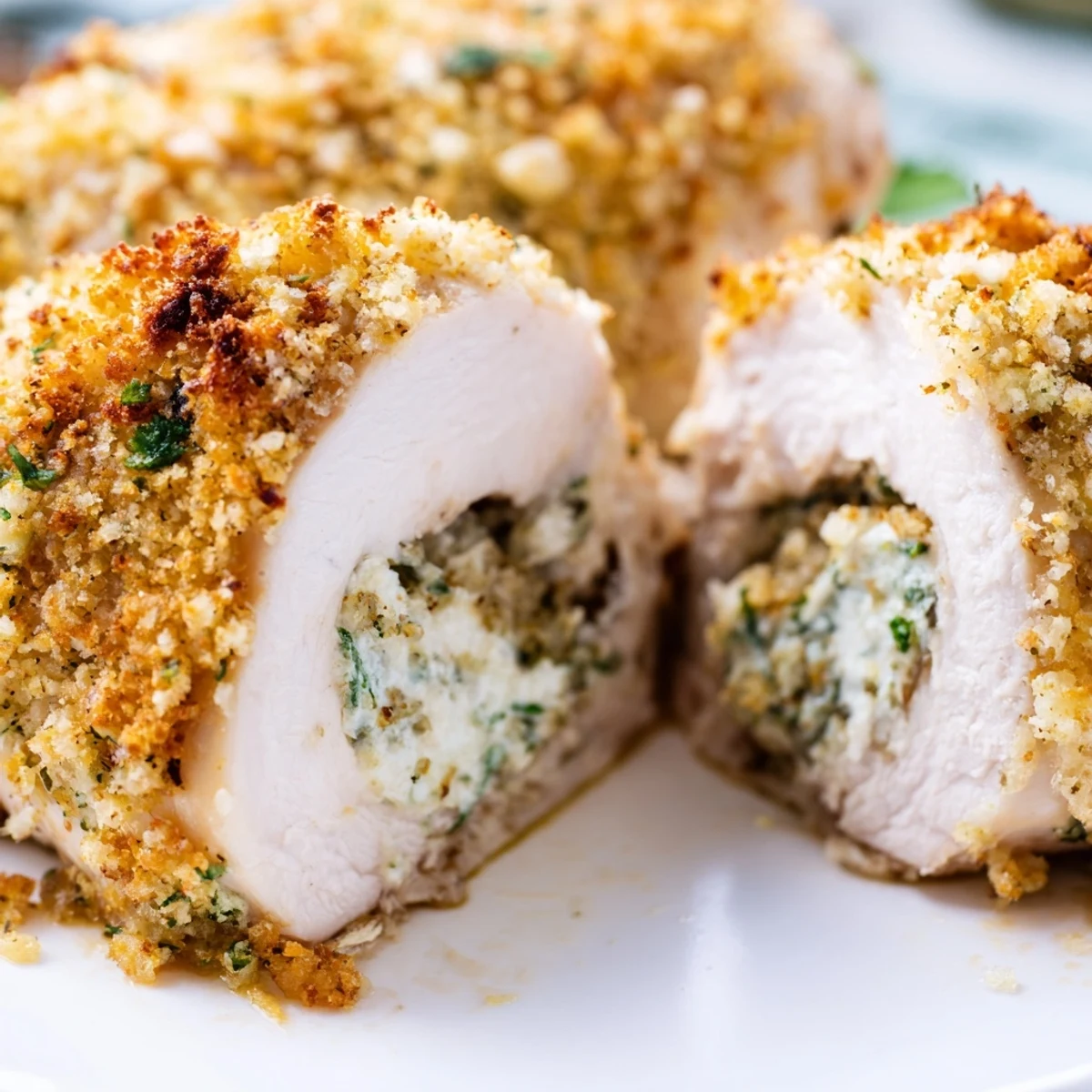 Tender chicken breasts rolled with creamy ricotta and fresh herbs ready for elegant dinner service