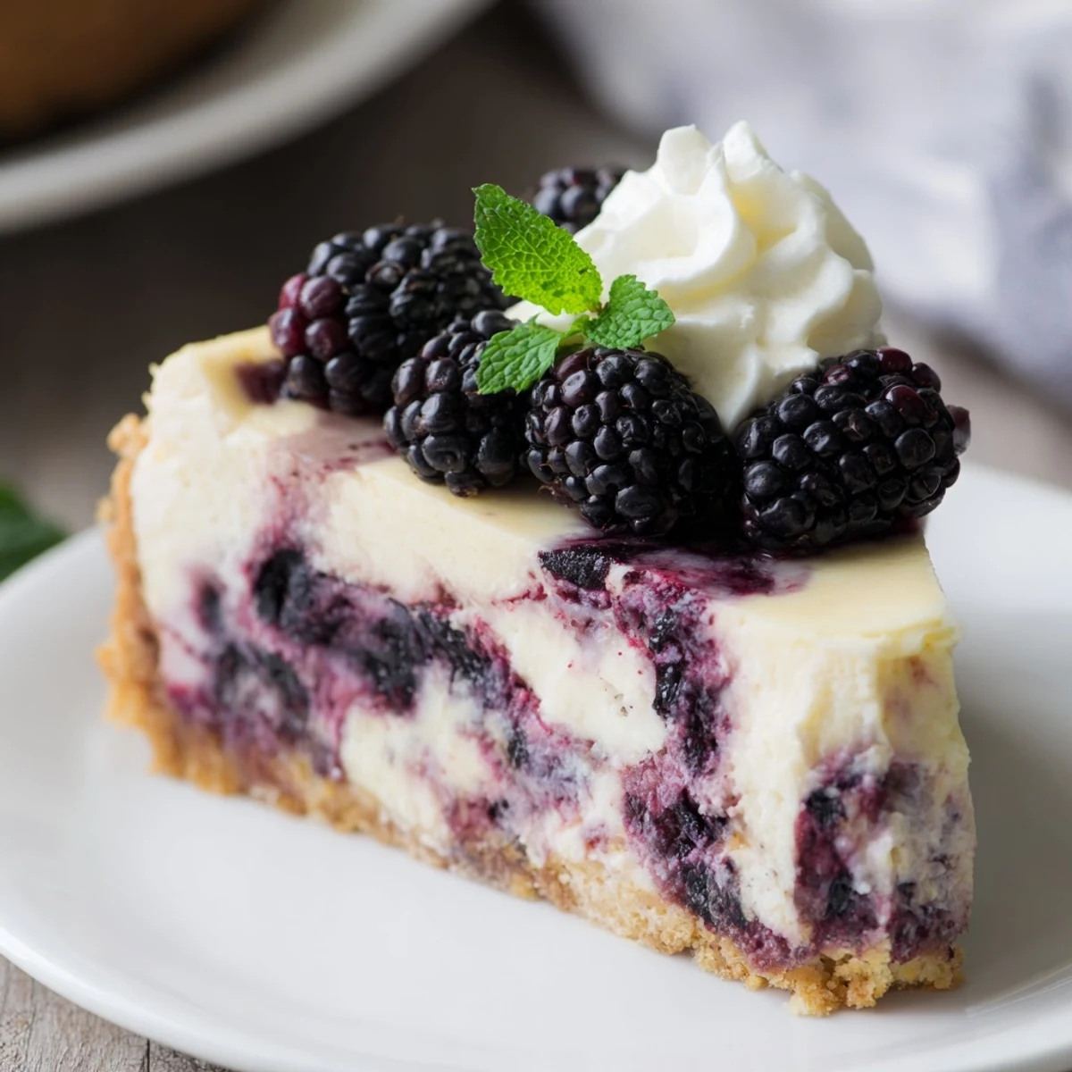 Creamy Blackberry Bliss Cheesecake slice with vibrant purple swirls on a golden graham cracker crust