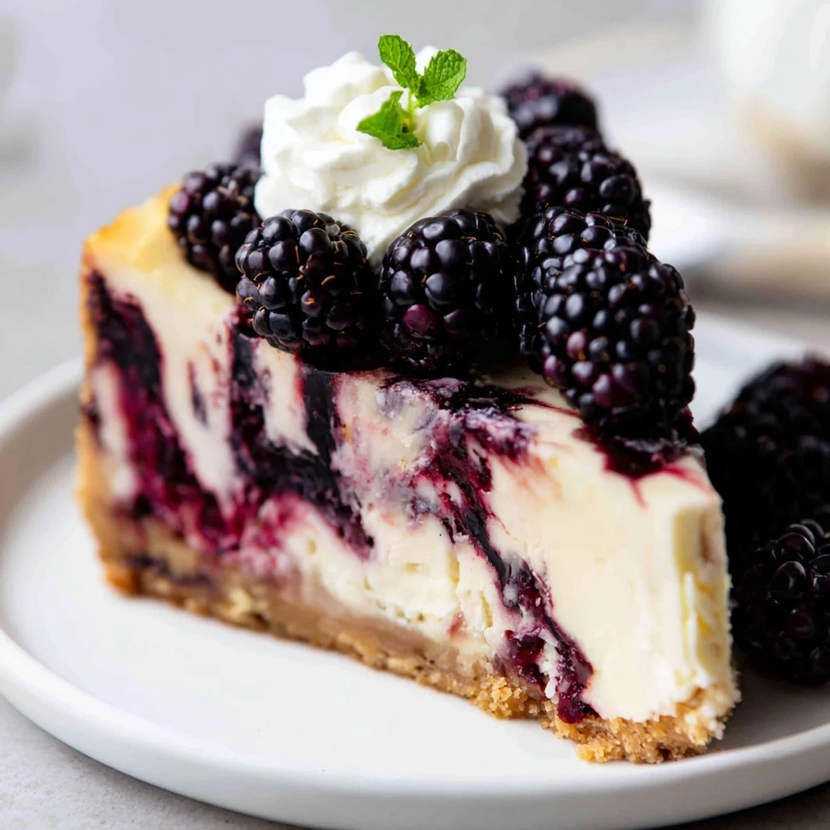 Rich homemade Blackberry Bliss Cheesecake featuring tangy blackberry compote marbled through smooth vanilla filling