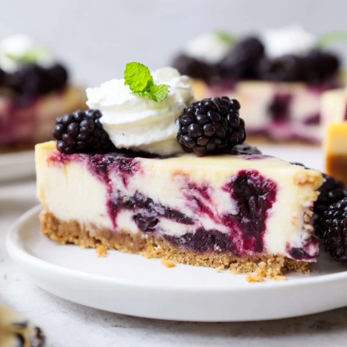 Fresh Blackberry Bliss Cheesecake topped with plump berries and mint on a white dessert plate