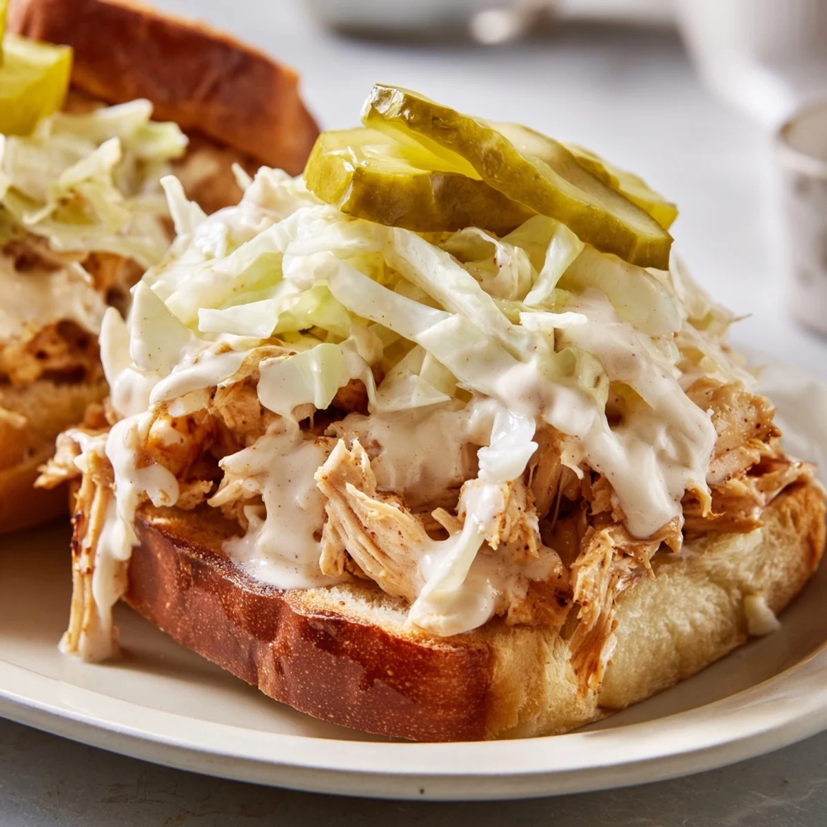Golden Alabama BBQ chicken sandwich piled high with creamy white sauce and crisp slaw