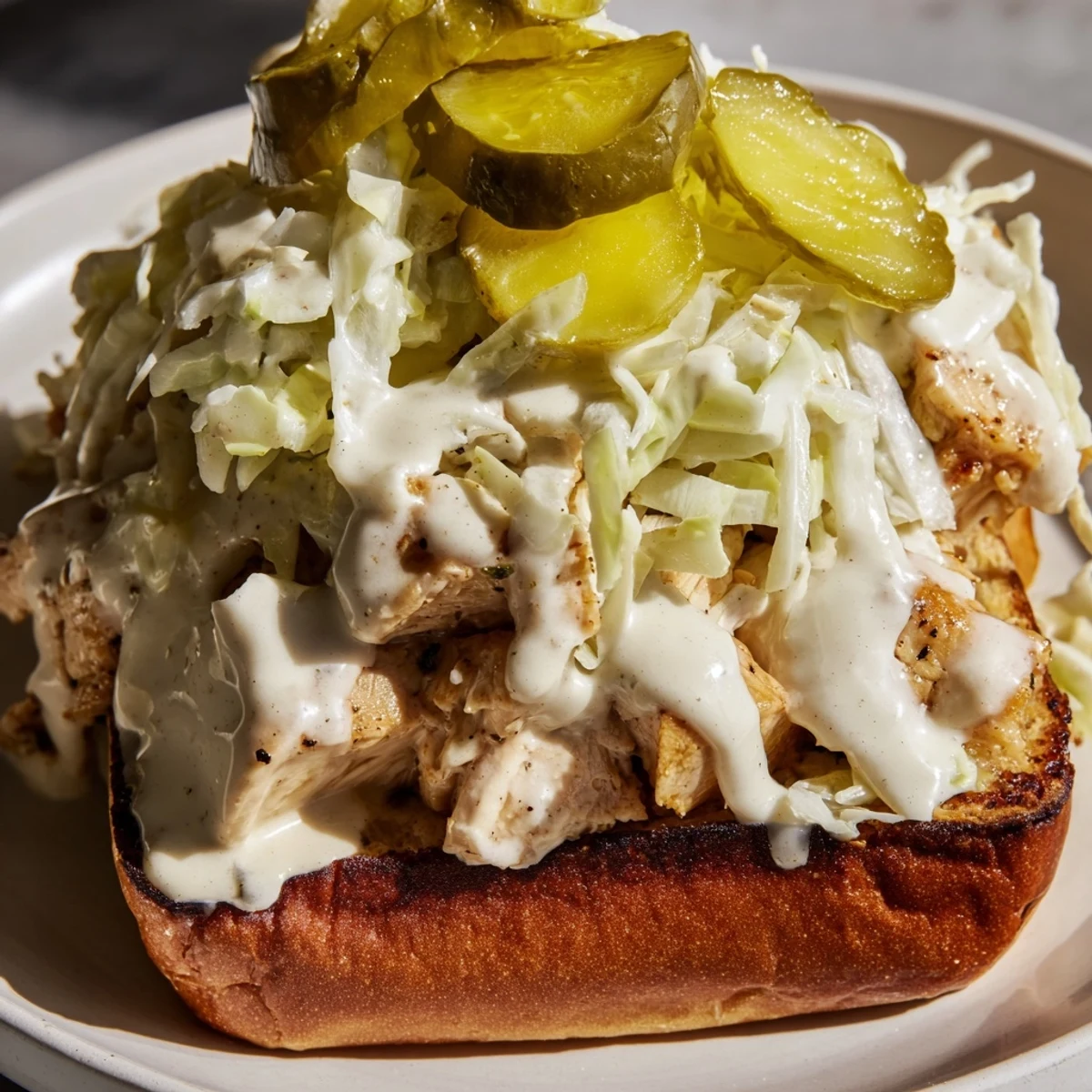 Tender chopped smoked chicken in tangy Alabama white BBQ sauce on toasted bun with fresh cabbage