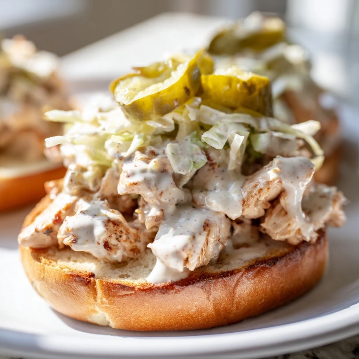Juicy Alabama BBQ chicken sandwich featuring white sauce, crunchy coleslaw, and pickles on warm bread
