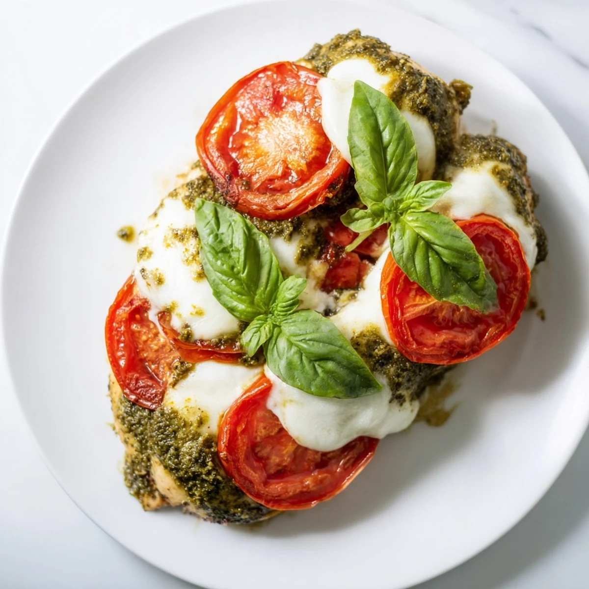 Golden baked pesto caprese chicken with melted mozzarella and fresh tomato slices