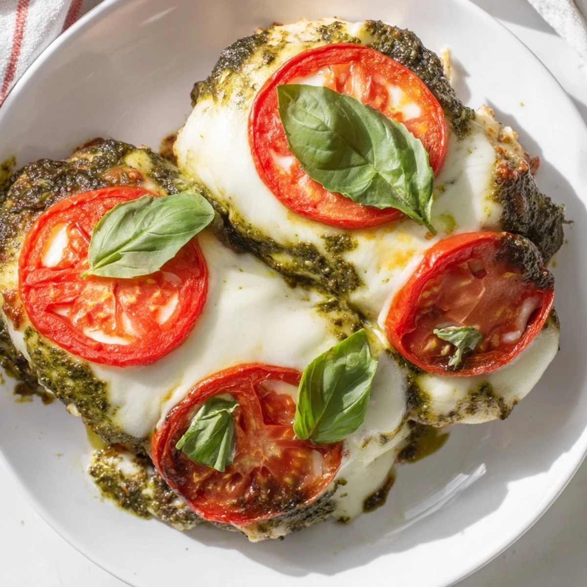 Juicy chicken breasts topped with pesto, tomatoes, and bubbling cheese in a baking dish