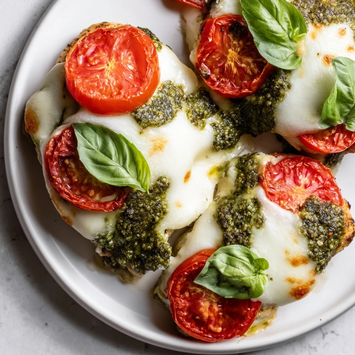 Italian-style baked pesto caprese chicken garnished with fresh basil and ripe tomato rounds
