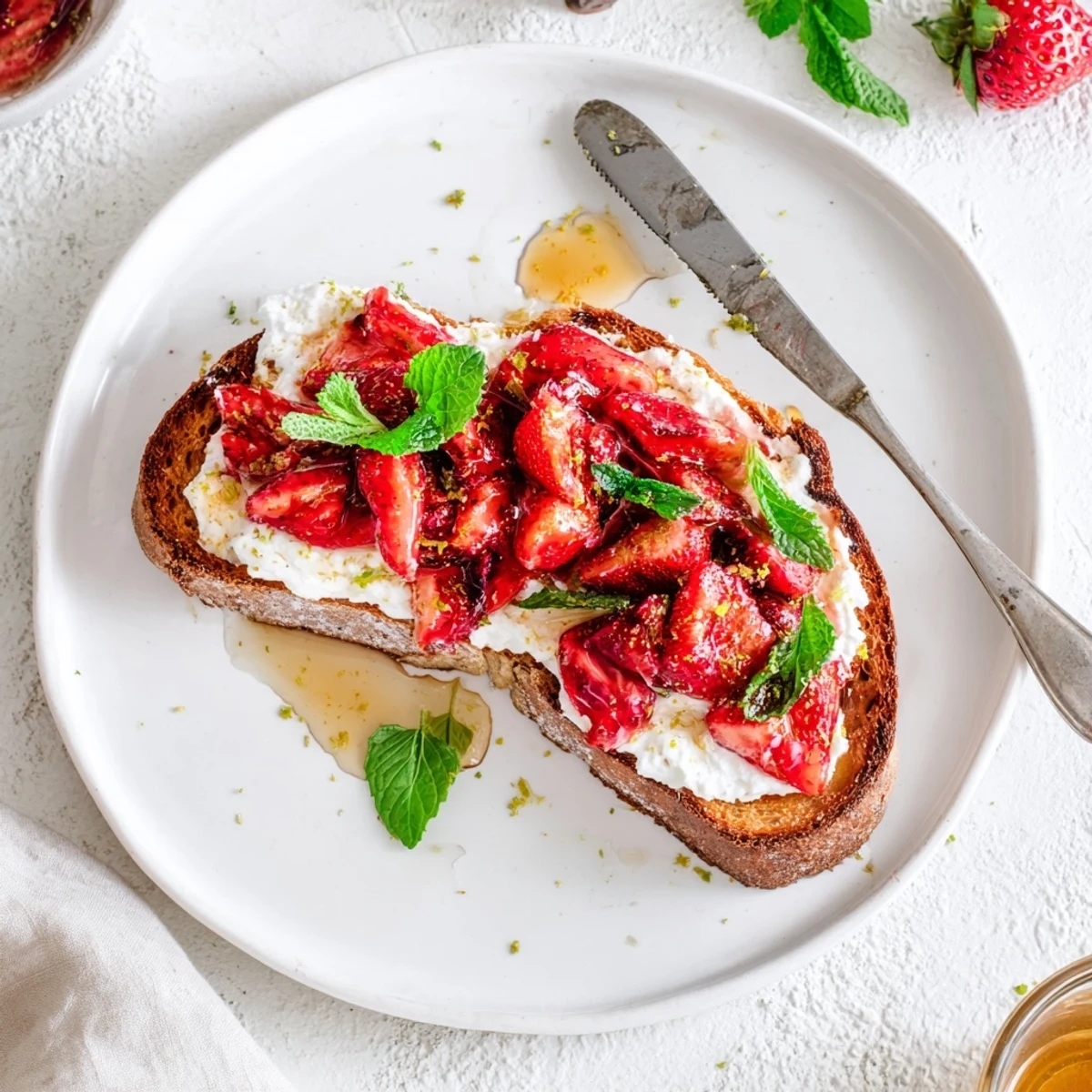 Creamy whipped ricotta toast topped with sweet glazed roasted strawberries and drizzled honey