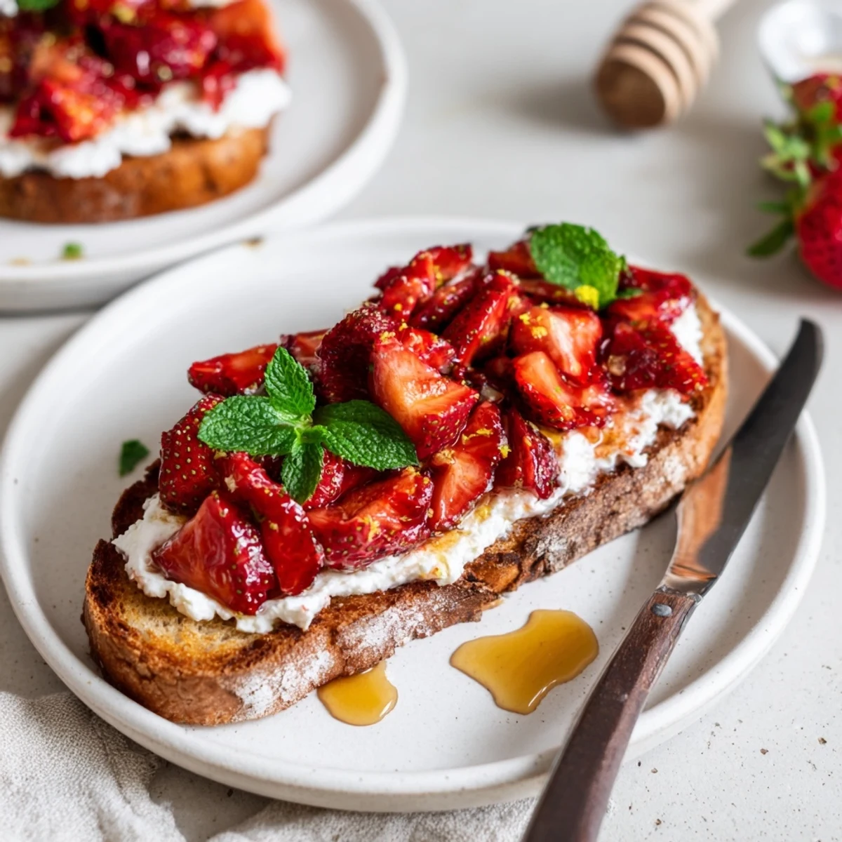 Golden roasted strawberry whipped ricotta toast piled on crunchy sourdough with fresh mint garnish