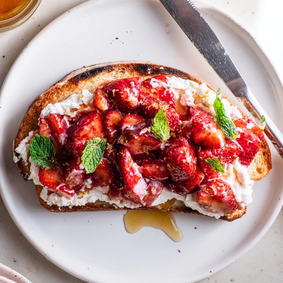 Vibrant roasted strawberry whipped ricotta toast spread thick on artisan bread with nutty pistachios