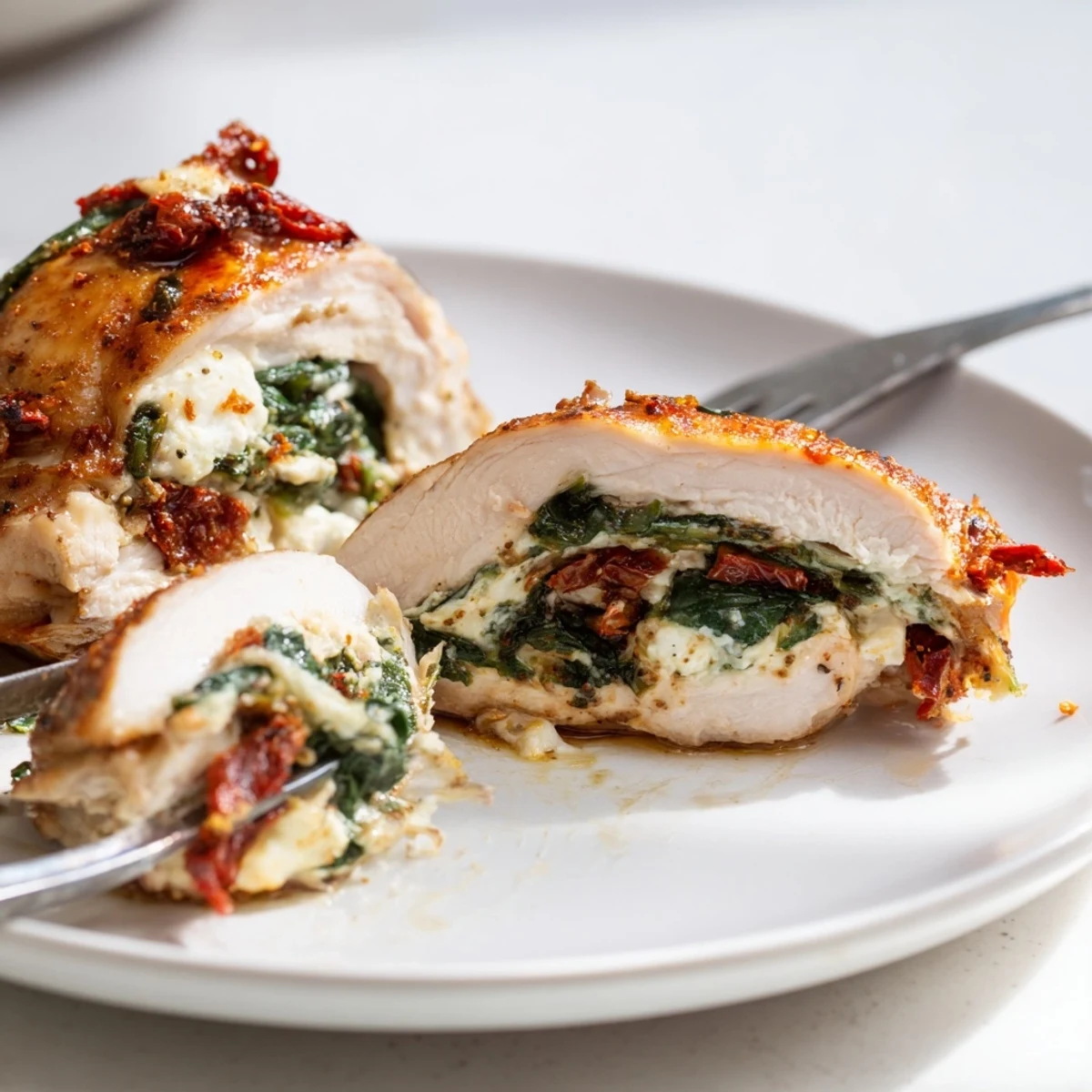 Sliced Hasselback chicken breast with melted cheese and sundried tomato filling fresh from the oven