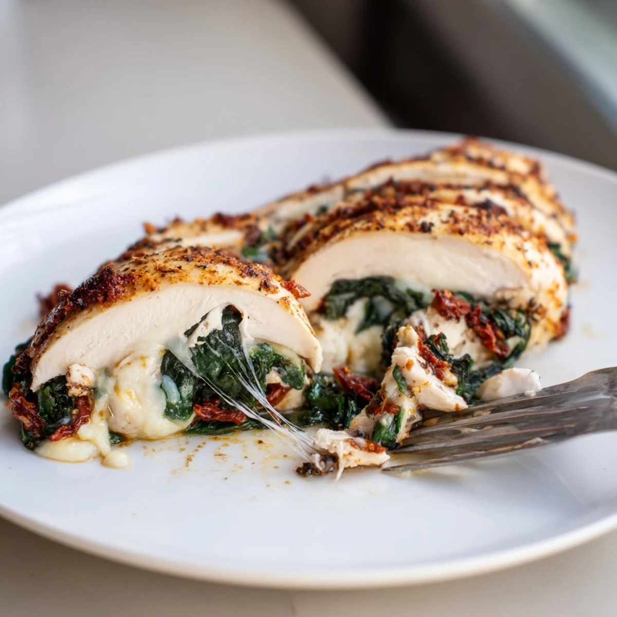 Golden baked Hasselback chicken stuffed with mozzarella, spinach, and sun-dried tomatoes on a white plate