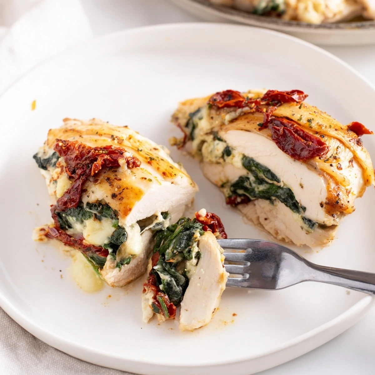 Tender Hasselback chicken with pockets filled with spinach and bubbling mozzarella cheese, garnished with herbs