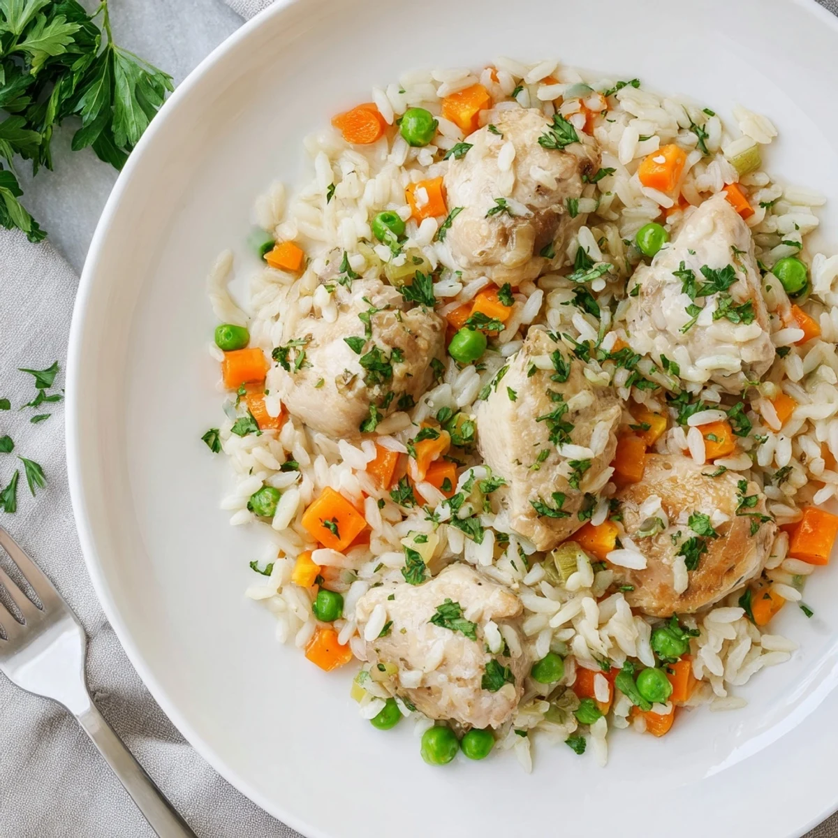 Golden chicken pieces and fluffy white rice with colorful vegetables in a white serving bowl