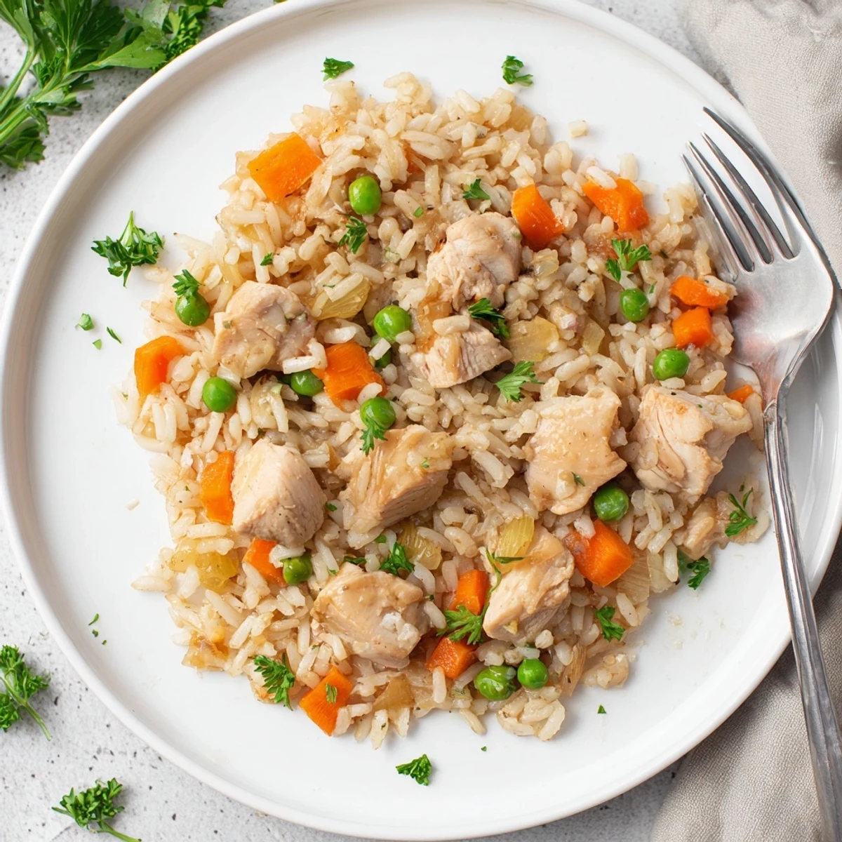 Savory one-pot meal featuring juicy chicken thighs, aromatic rice, and fresh parsley garnish on a rustic wooden table