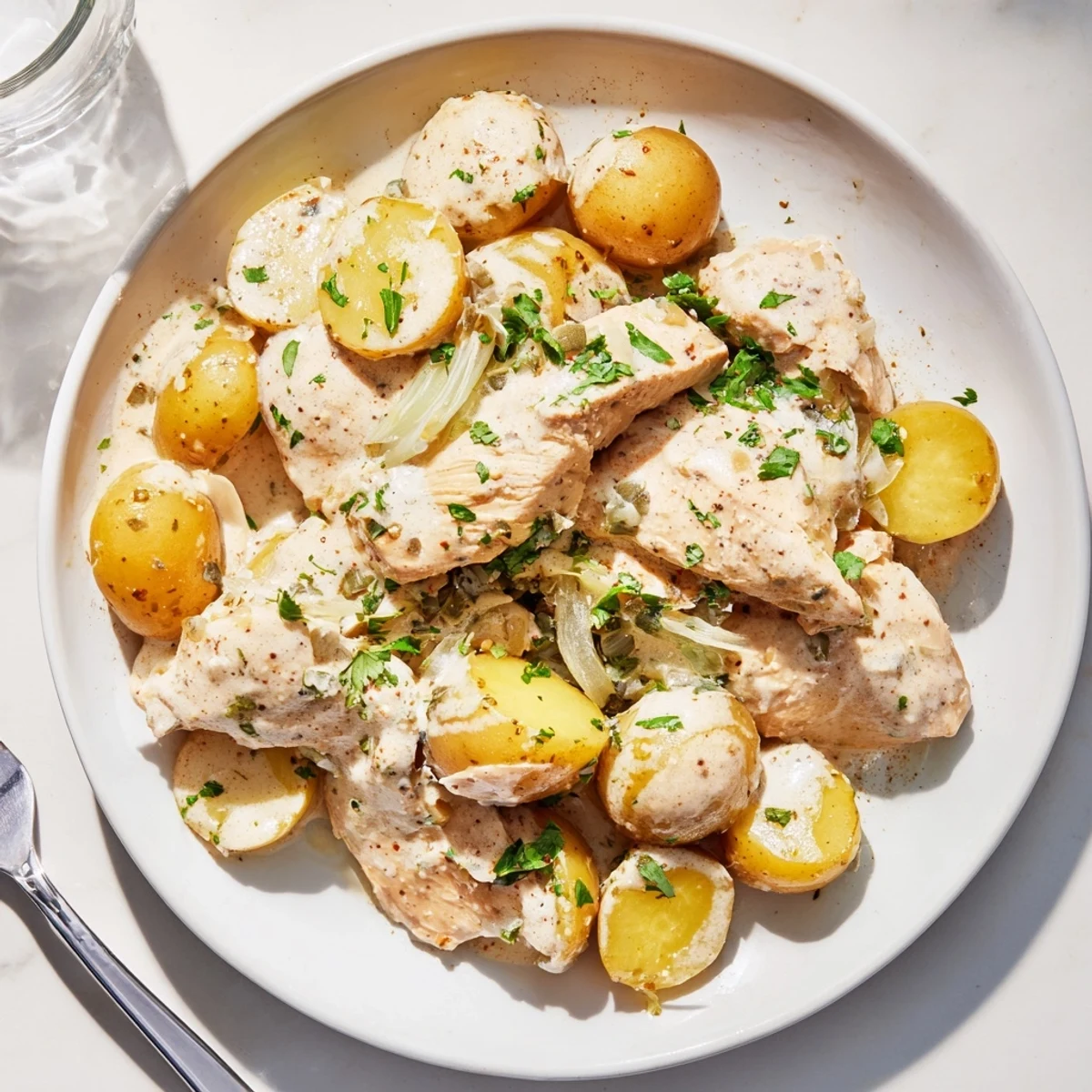 Golden slow cooker garlic parmesan chicken and potatoes arranged in a rich, creamy sauce