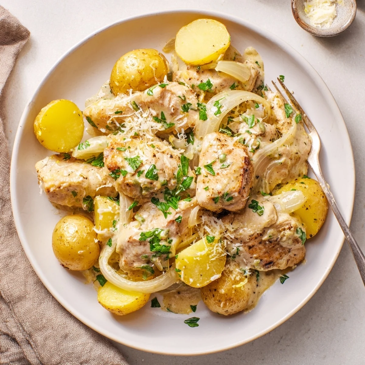 Tender chicken breasts nestled alongside baby potatoes coated in melted parmesan and aromatic garlic