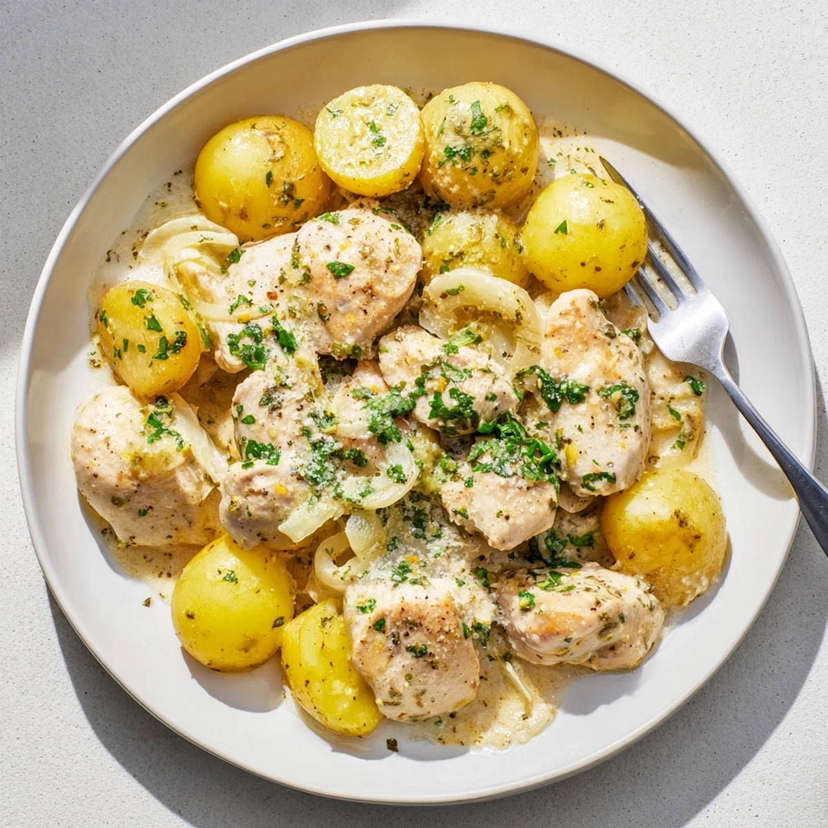 One-pot slow cooker meal featuring juicy seasoned chicken over fork-tender potatoes in savory broth
