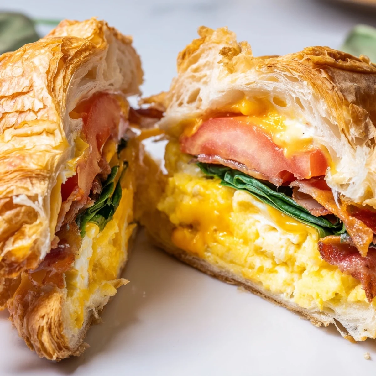 Golden croissant breakfast sandwiches stacked with fluffy scrambled eggs, crispy bacon, and melted cheddar cheese