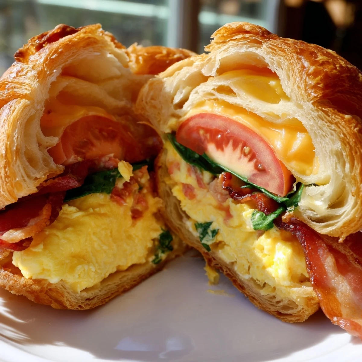 Flaky butter croissants stuffed with savory bacon, eggs, fresh spinach, tomato slices, and gooey cheese