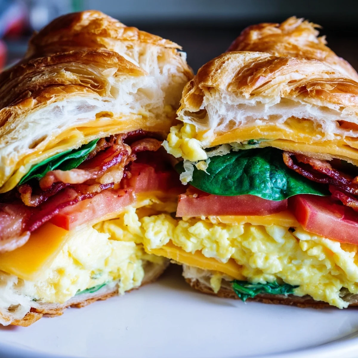 Half of warm croissant breakfast sandwich revealing layers of eggs, bacon, melty cheese, and crisp greens