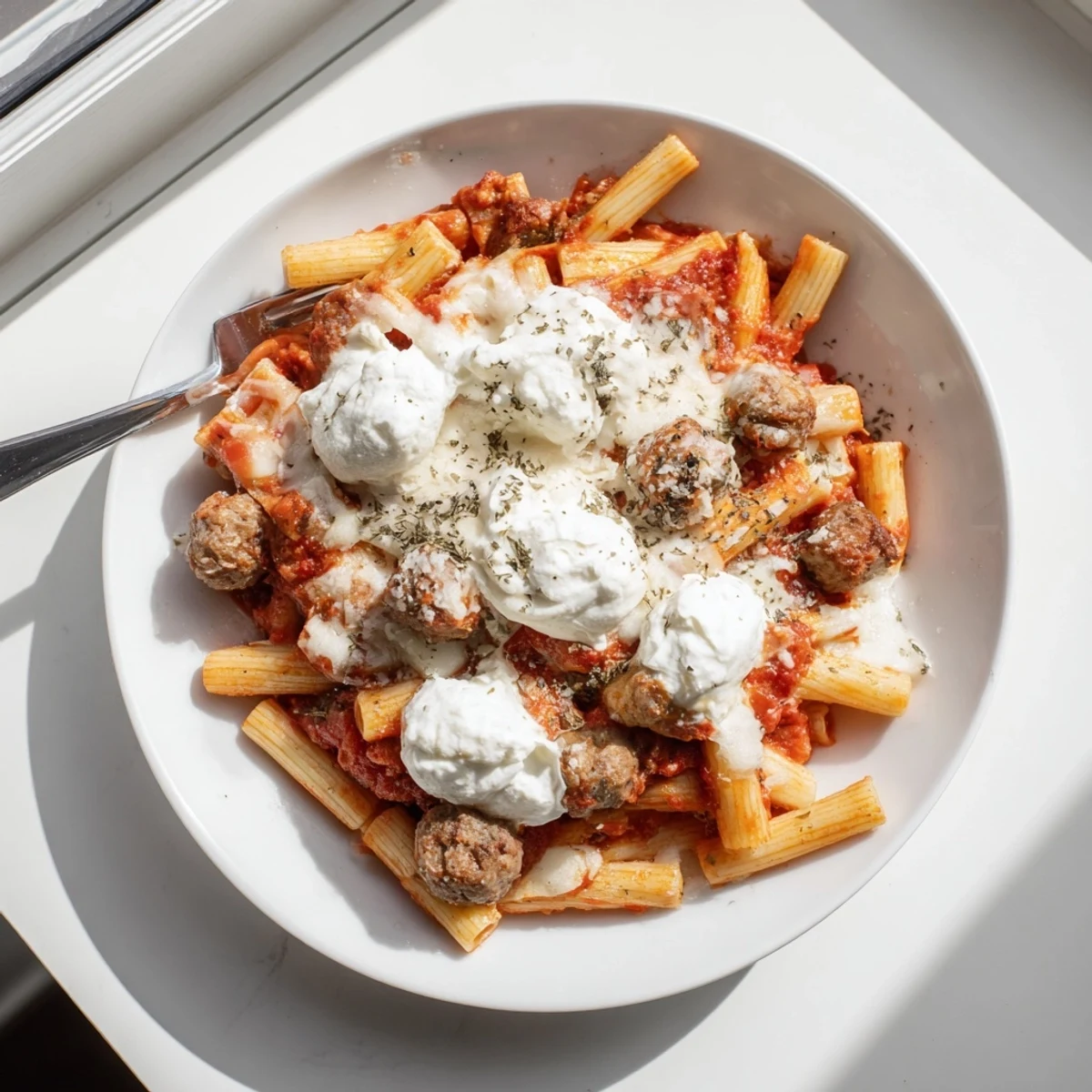 Slow cooker baked ziti with melted mozzarella, ricotta, and Italian sausage in red sauce