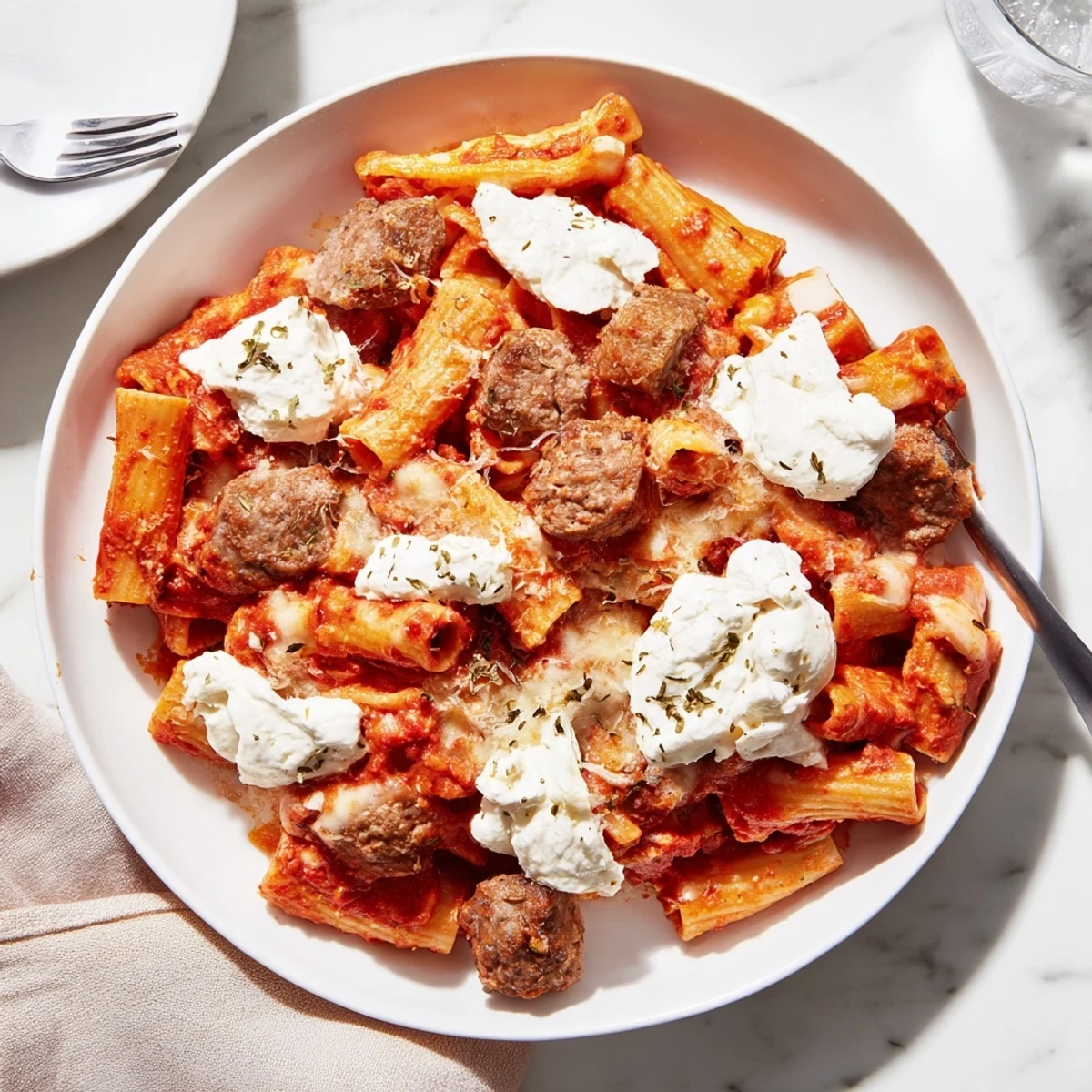 Creamy baked ziti pasta dish topped with golden bubbly cheese and fresh basil garnish